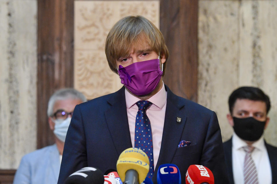 Czech Health Minister Adam Vojtech (for ANO) announces his resignation in Prague, Czech Republic, Monday, Sept. 21, 2020. He has decided to resign from his post in order to create space for dealing with the coronavirus epidemic, he told journalists. (AP Photo via CTK/Vit Simanek)