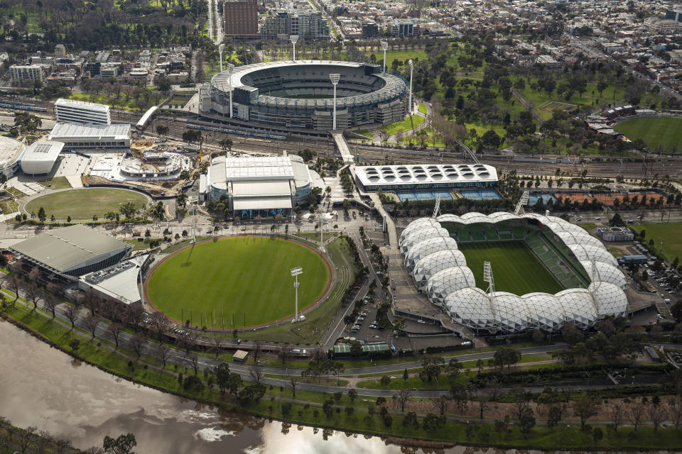 26: An aerial view over the Melbourne Park precinct on August 26, 2020 in Melbourne, Australia during its strict lockdown.