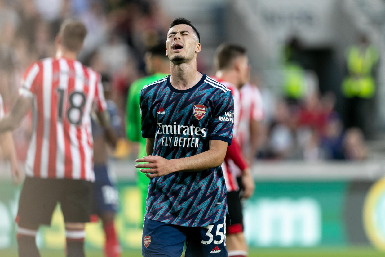 Gabriel Martinelli of Arsenal reacts after missing a chance during the Premier League match between Brentford and Arsenal. 