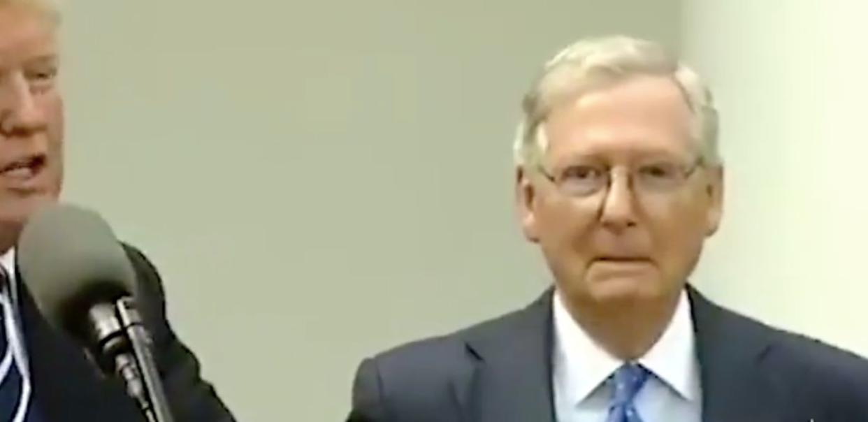 Senate Majority Leader Mitch McConnell appeared alongside President Donald Trump at a&nbsp;news&nbsp;conference Monday. (Photo: Twitter/Daily Show)