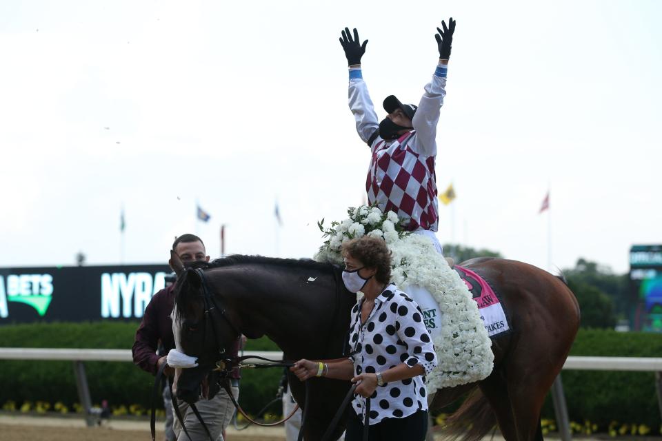 Jockey Manuel Franco celebrates after winning Belmont Stakes in June.