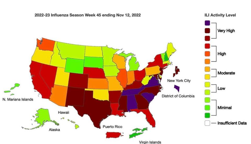 An image showing the rate of reported flu cases in the United States.
