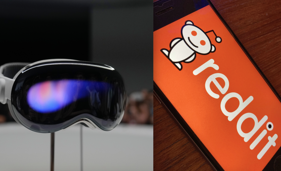 A composite of the tech giant Apple's Vision Pro and Reddit's logo 