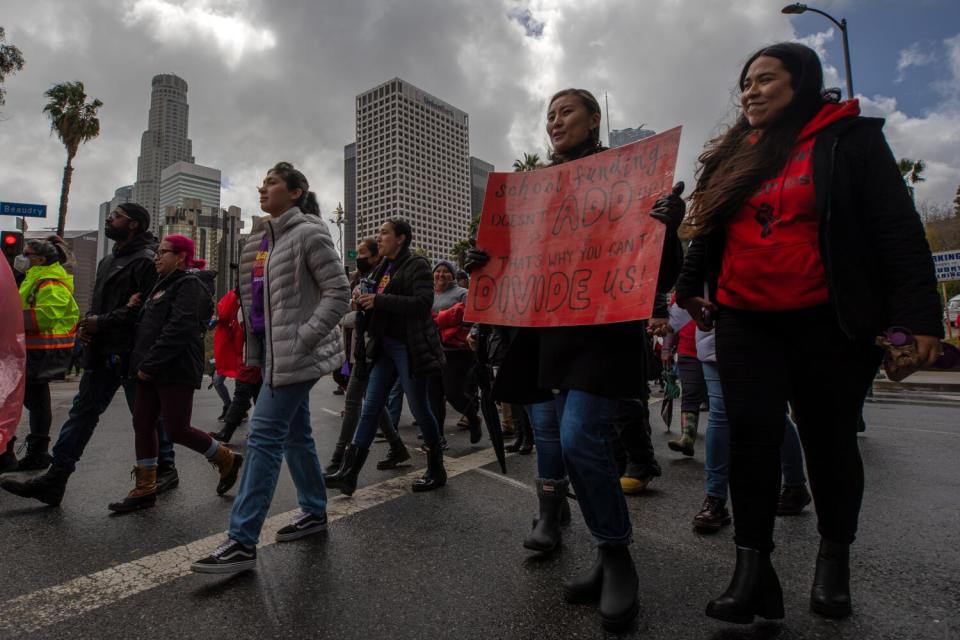 LAUSD employees rally on the first day of three day strike in front of LAUSD Headquarters.