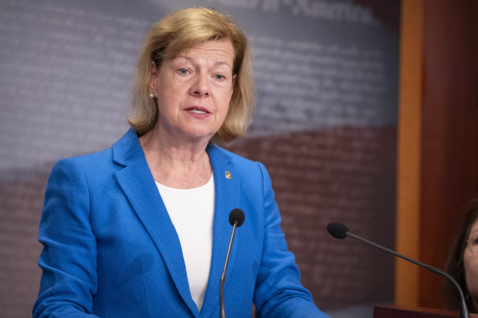 FILE - Sen. Tammy Baldwin, D-Wis., speaks during a press event on Capitol Hill, Feb. 27, 2024, in Washington. Wisconsin's presidential primary contest Tuesday, April 2, 2024, clears the way for a general election campaign Democrats see as an opportunity unlike any in recent history, where new legislative maps could help the party at the top of the ticket. Previous districts, Baldwin said, "were so gerrymandered, which meant that there were whole swaths of Wisconsin where there weren't competitive races." (AP Photo/Mark Schiefelbein, File)