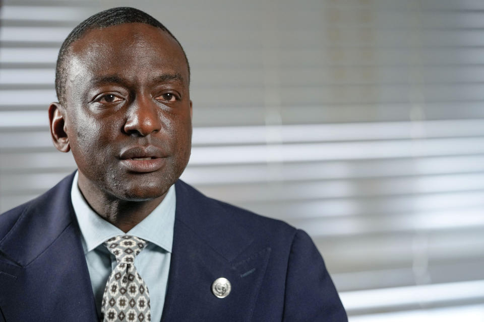 New York City Council candidate Yusef Salaam speaks during an interview with The Associated Press, Wednesday, May 24, 2023, in New York. Salaam is one of three candidates in a competitive June 27 Democratic primary. With early voting already begun, he faces two seasoned political veterans: New York Assembly members Al Taylor, 65, and Inez Dickens, 73, who previously represented Harlem on the City Council. (AP Photo/Mary Altaffer)