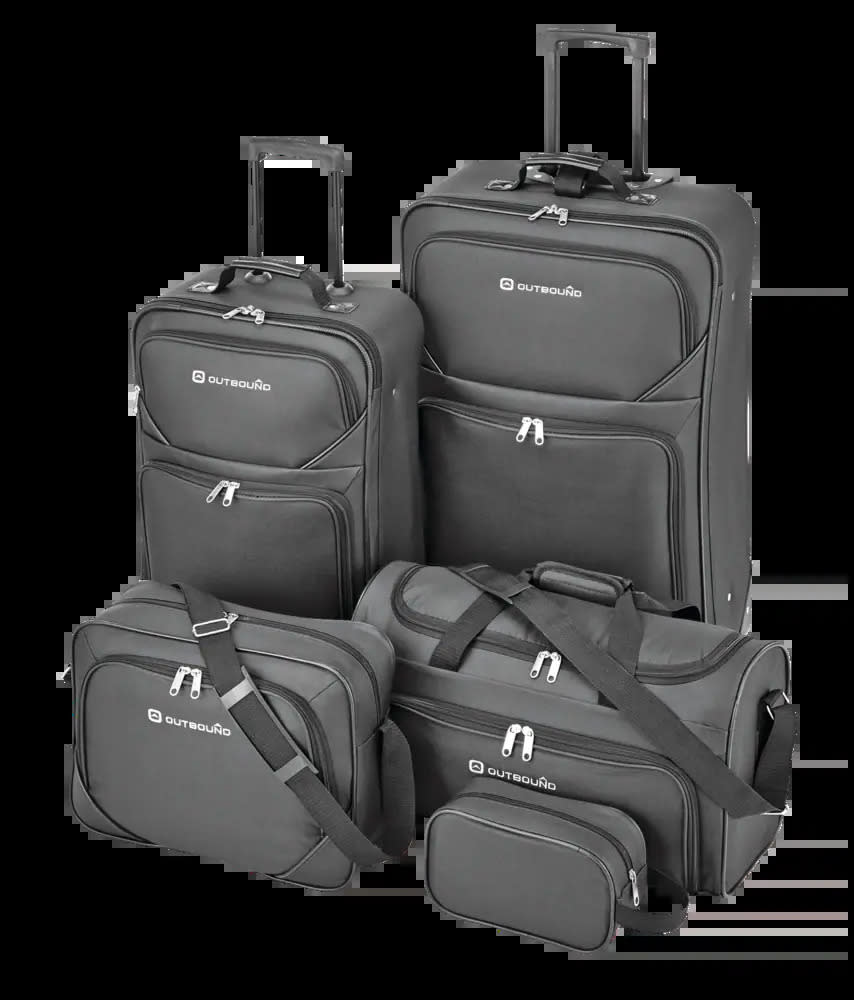 Outbound 5-Piece Softside Wheeled Travel Luggage Suitcase Set. Image via Canadian Tire.