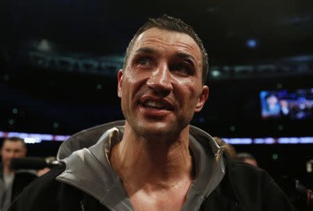 Britain Boxing - Anthony Joshua v Wladimir Klitschko IBF, IBO & WBA Super World Heavyweight Title's - Wembley Stadium, London, England - 29/4/17 Wladimir Klitschko speaks to the fans after the fight Action Images via Reuters / Andrew Couldridge Livepic