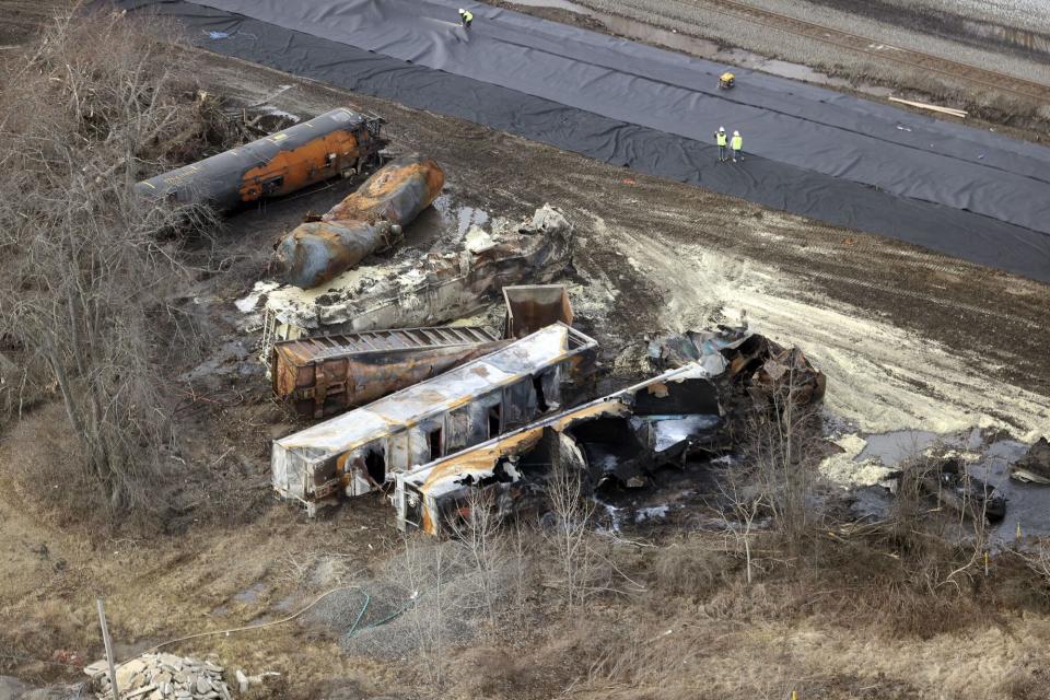 EAST PALESTINE, OH - FEBRUARY 8: Aerial view of a train derailment containing the toxic chemical, vinyl chloride derailed five days ago in the village of 5,000 people near the Pennsylvania border. Residents were allowed to return home after tests deemed it to be safe in the area on February 8, 2023 in East Palestine, Ohio. Credit: mpi34/MediaPunch Residents Cleared To Return Home After Train Derailment, East Palestine, Ohio - 08 Feb 2023