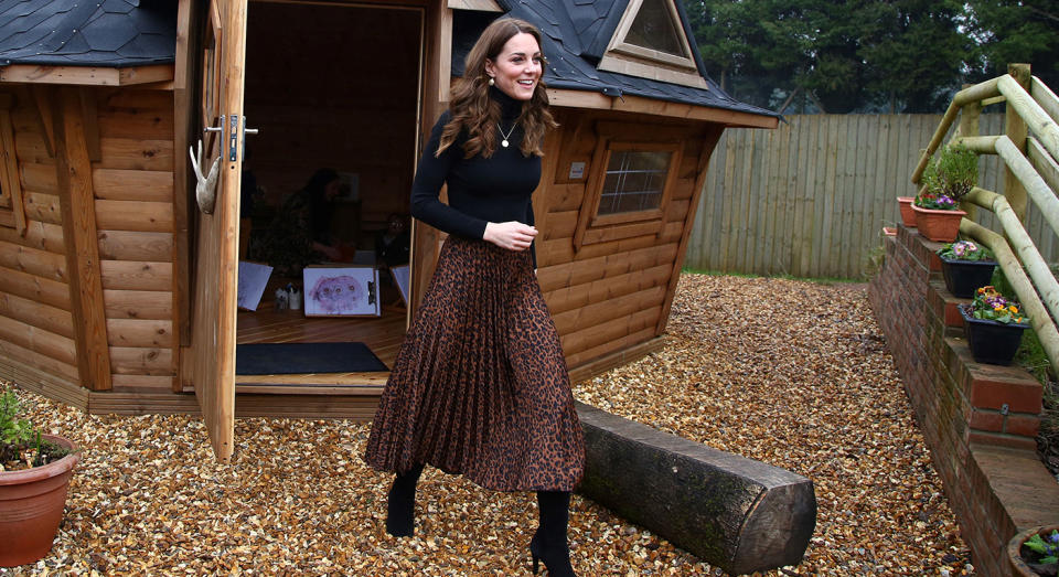 The Duchess of Cambridge visited the Careau Children’s Centre on Wednesday wearing a leopard print skirt. [Photo: Getty]