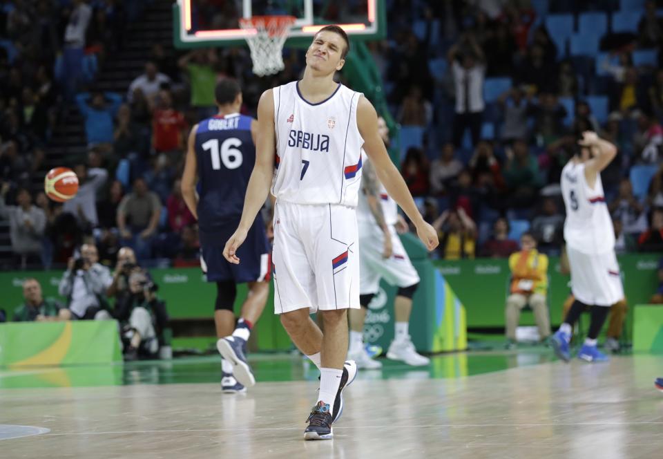 Serbia's Bogdan Bogdanovic reacts after missing a potential game-winning shot against France. (AP/Eric Gay)