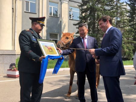 U.S. Secretary of Defense Mark Esper is gifted a horse in Ulan Bator, Mongolia