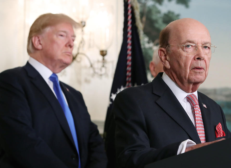 Commerce Secretary Wilbur Ross with President Donald Trump in the Roosevelt Room at the White House on March 22. (Photo: Mark Wilson via Getty Images)