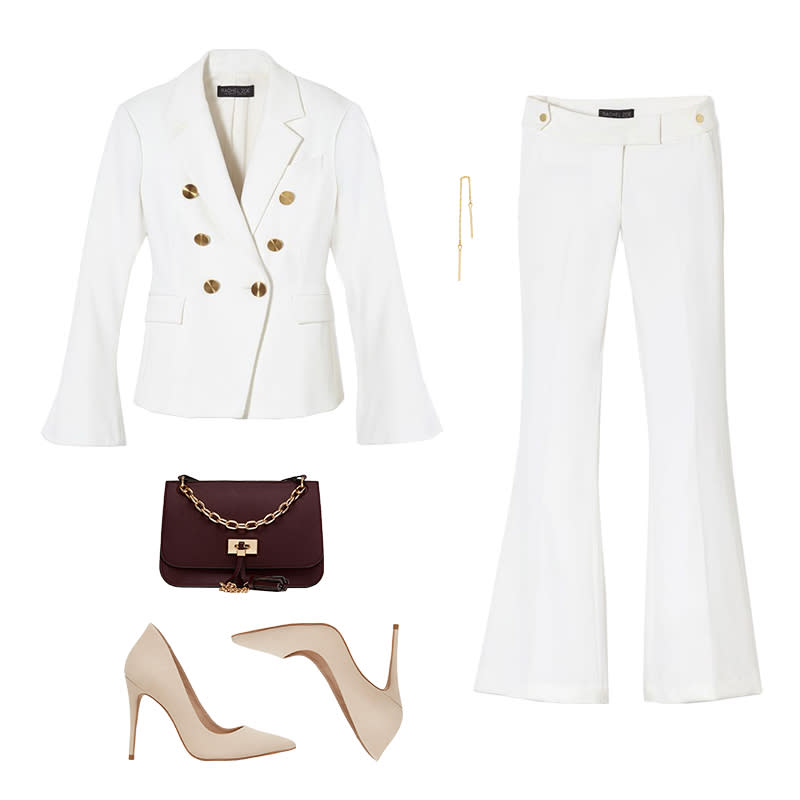 <a rel="nofollow noopener" href="https://shoprachelzoe.com/shop/ready-to-wear/jackets-outerwear/sadie-double-breasted-bell-sleeve-blazer/?attribute_pa_color=ecr" target="_blank" data-ylk="slk:Sadie Double-Breasted Bell-Sleeve Twill Blazer, Rachel Zoe, $525You can always count on a black pantsuit to look professional, but how about switching it up with a winter white version? This wide-leg option with gold buttons is the chicest way to stand out like a boss. Team with pointed-toe pumps and a single threader earring for edge.;elm:context_link;itc:0;sec:content-canvas" class="link ">Sadie Double-Breasted Bell-Sleeve Twill Blazer, Rachel Zoe, $525<p>You can always count on a black pantsuit to look professional, but how about switching it up with a winter white version? This wide-leg option with gold buttons is the chicest way to stand out like a boss. Team with pointed-toe pumps and a single threader earring for edge.</p> </a><a rel="nofollow noopener" href="https://shoprachelzoe.com/shop/ready-to-wear/bottoms/phoebe-flare-pants/?attribute_pa_color=ecr" target="_blank" data-ylk="slk:Phoebe Twill Flare Pants, Rachel Zoe, $395You can always count on a black pantsuit to look professional, but how about switching it up with a winter white version? This wide-leg option with gold buttons is the chicest way to stand out like a boss. Team with pointed-toe pumps and a single threader earring for edge.;elm:context_link;itc:0;sec:content-canvas" class="link ">Phoebe Twill Flare Pants, Rachel Zoe, $395<p>You can always count on a black pantsuit to look professional, but how about switching it up with a winter white version? This wide-leg option with gold buttons is the chicest way to stand out like a boss. Team with pointed-toe pumps and a single threader earring for edge.</p> </a><a rel="nofollow noopener" href="https://rstyle.me/n/cwudm2chdw" target="_blank" data-ylk="slk:Cassedy, Aldo, $90You can always count on a black pantsuit to look professional, but how about switching it up with a winter white version? This wide-leg option with gold buttons is the chicest way to stand out like a boss. Team with pointed-toe pumps and a single threader earring for edge.;elm:context_link;itc:0;sec:content-canvas" class="link ">Cassedy, Aldo, $90<p>You can always count on a black pantsuit to look professional, but how about switching it up with a winter white version? This wide-leg option with gold buttons is the chicest way to stand out like a boss. Team with pointed-toe pumps and a single threader earring for edge.</p> </a><a rel="nofollow noopener" href="https://click.linksynergy.com/deeplink?id=30KlfRmrMDo&mid=42352&murl=https%3A%2F%2Fwww.shopbop.com%2Fshort-stitch-earring-blanca-monros%2Fvp%2Fv%3D1%2F1523383522.htm%3FfolderID%3D29950%26fm%3Dother-viewall%26os%3Dfalse%26colorId%3D11739" target="_blank" data-ylk="slk:14k Gold Short Stitch Earring, Blanca Monros Gomez, $125You can always count on a black pantsuit to look professional, but how about switching it up with a winter white version? This wide-leg option with gold buttons is the chicest way to stand out like a boss. Team with pointed-toe pumps and a single threader earring for edge.;elm:context_link;itc:0;sec:content-canvas" class="link ">14k Gold Short Stitch Earring, Blanca Monros Gomez, $125<p>You can always count on a black pantsuit to look professional, but how about switching it up with a winter white version? This wide-leg option with gold buttons is the chicest way to stand out like a boss. Team with pointed-toe pumps and a single threader earring for edge.</p> </a><a rel="nofollow noopener" href="https://www.zara.com/us/en/medium-crossbody-bag-with-chain-detail-p13314304.html?v1=5321502&v2=358019" target="_blank" data-ylk="slk:Medium Crossbody Bag With Chain Detail, Zara, $40You can always count on a black pantsuit to look professional, but how about switching it up with a winter white version? This wide-leg option with gold buttons is the chicest way to stand out like a boss. Team with pointed-toe pumps and a single threader earring for edge.;elm:context_link;itc:0;sec:content-canvas" class="link ">Medium Crossbody Bag With Chain Detail, Zara, $40<p>You can always count on a black pantsuit to look professional, but how about switching it up with a winter white version? This wide-leg option with gold buttons is the chicest way to stand out like a boss. Team with pointed-toe pumps and a single threader earring for edge.</p> </a>