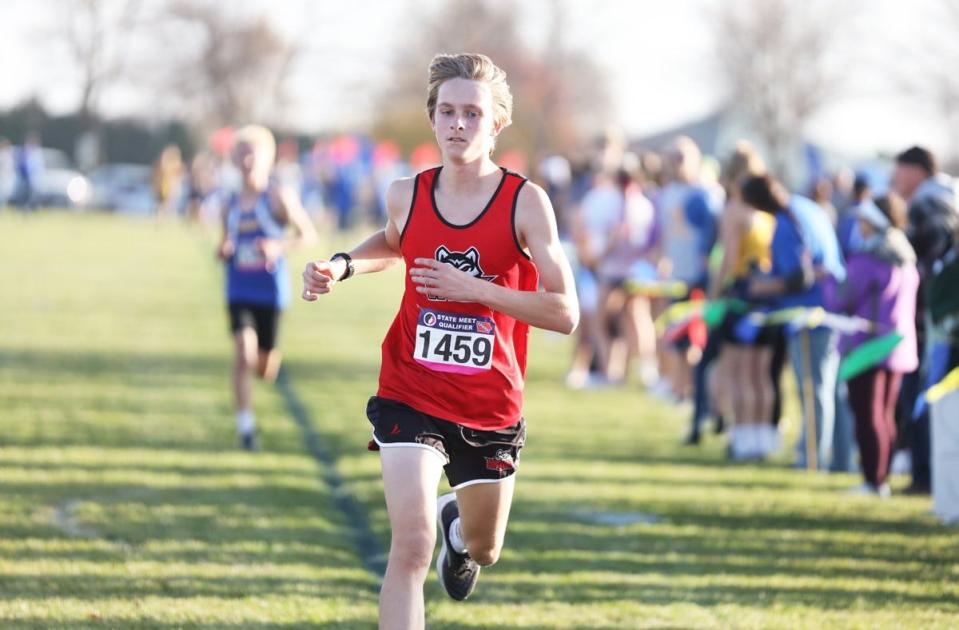 Winfield Mt. Union’s Gabe Hemsworth crosses the finish line in eleventh place and just misses advancing to the Class 1A State Cross Country meet.