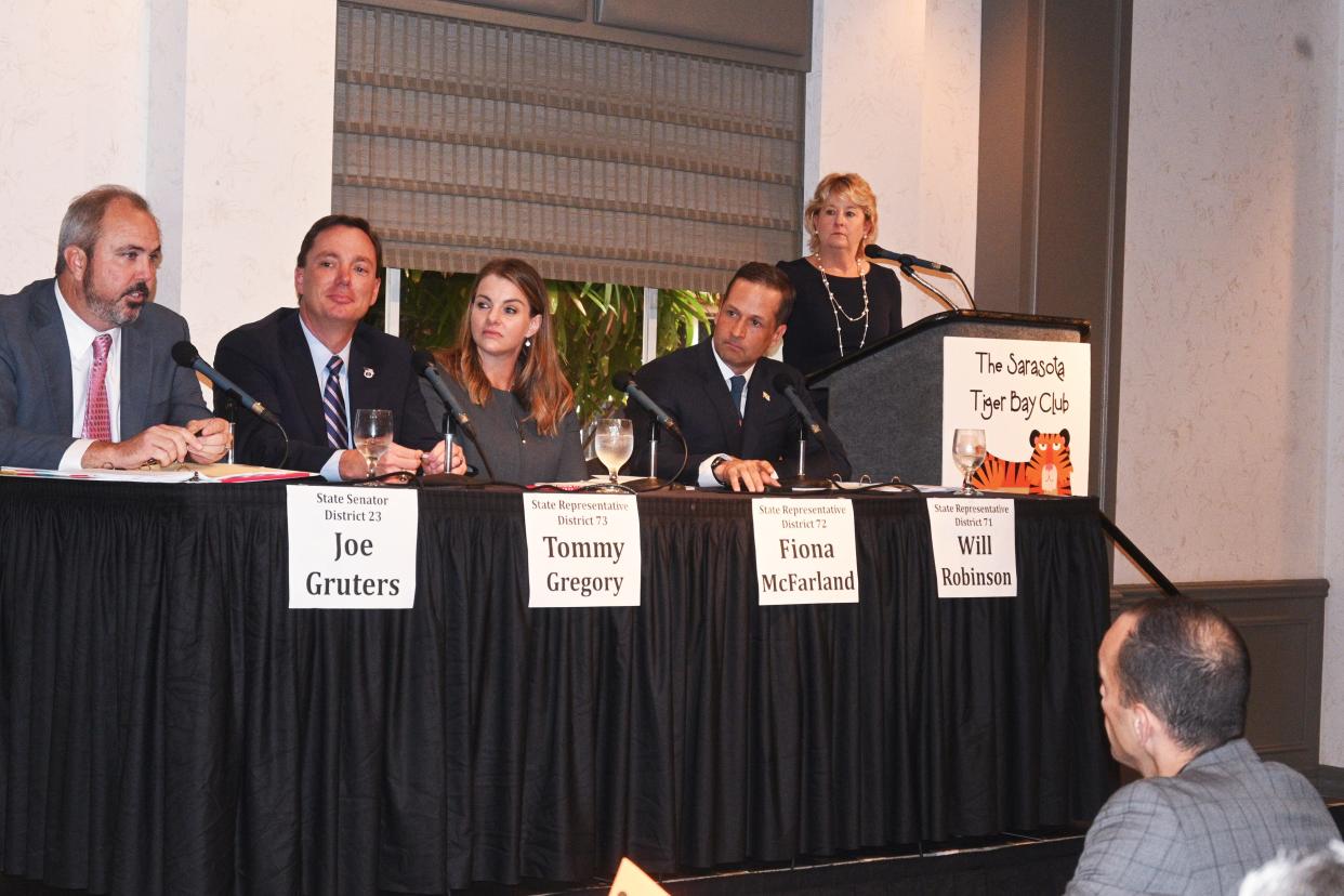 Members of Sarasota County’s legislative delegation participated at a Sarasota Tiger Bay Club forum in 2022. Pictured form left: State Sen. Joe Gruters, State Rep. Tommy Gregory, State Rep. Fiona McFarland, State Rep. Will Robinson, and former State Sen. Lisa Carlton, who served as moderator