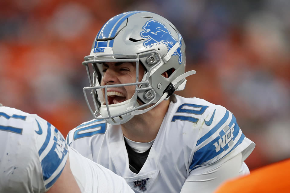 Detroit Lions quarterback David Blough makes a call during the second half of an NFL football game against the Denver Broncos, Sunday, Dec. 22, 2019, in Denver. (AP Photo/David Zalubowski)