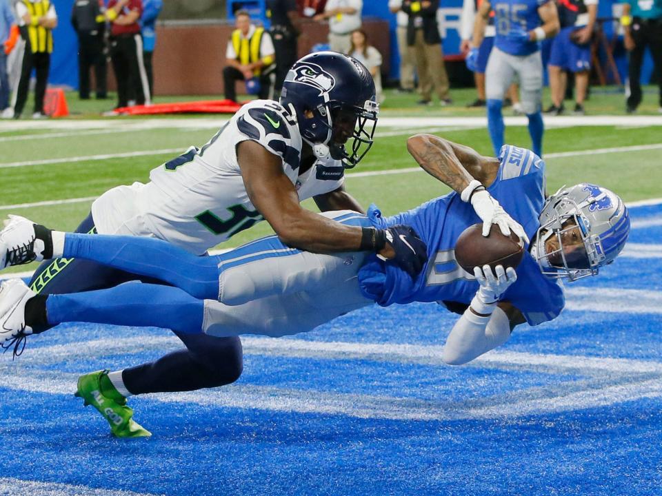 Josh Reynolds reels in a touchdown catch against the Seattle Seahawks.