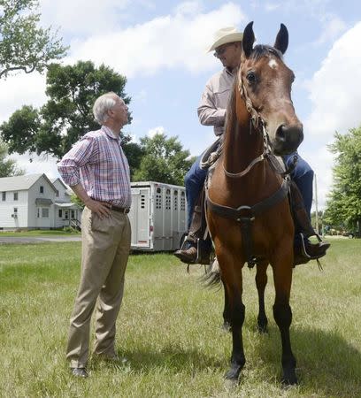 Democratic Senate candidate Dave Domina (R) greets David McCullers prior to a parade in the town of Elgin, Nebraska June 22, 2014. REUTERS/Darin Epperly