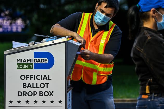 Ballot drop boxes for mailed ballots were another popular policy that states expanding voter access made permanent in 2021. (Photo: CHANDAN KHANNA via Getty Images)