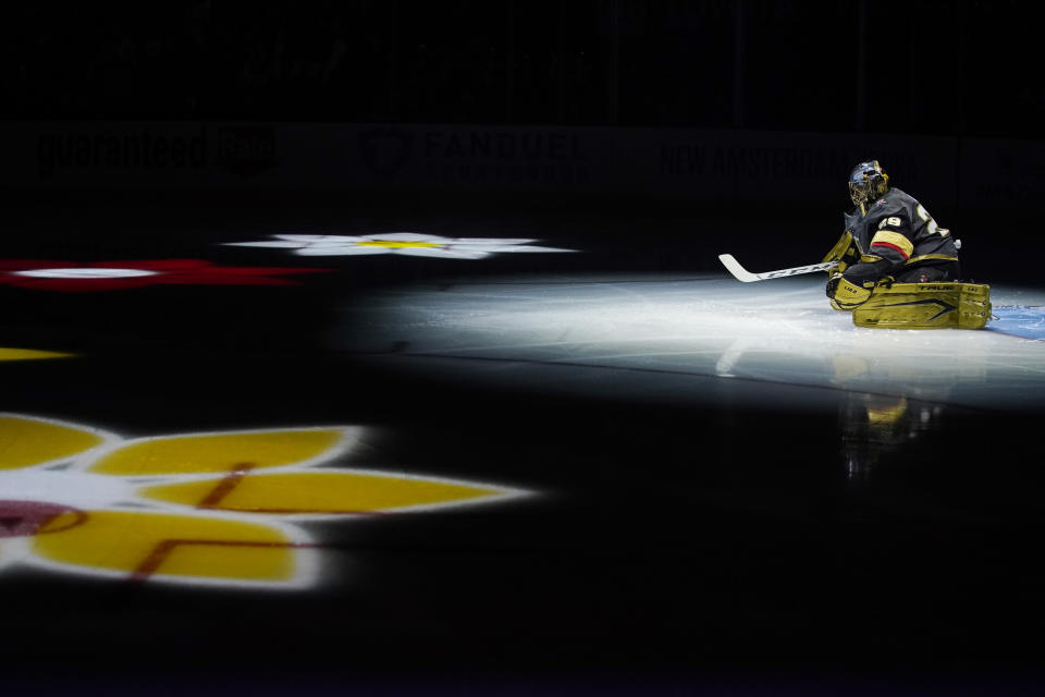 Vegas Golden Knights goaltender Marc-Andre Fleury (29) warms up before Game 6 of an NHL hockey Stanley Cup second-round playoff series against the Colorado Avalanche, Thursday, June 10, 2021, in Las Vegas. (AP Photo/John Locher)