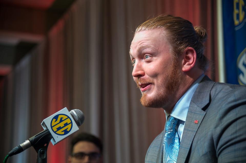 Jul 17, 2018; Atlanta, GA, USA; Arkansas Razorbacks offensive lineman Hjalte Froholdt responds to questions from media members during SEC football media day at the College Football Hall of Fame. Mandatory Credit: Dale Zanine-USA TODAY Sports