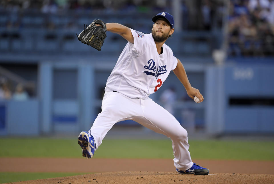 Los Angeles Dodgers starting pitcher Clayton Kershaw throws to the plate during the first inning of a baseball game against the San Francisco Giants Monday, Aug. 13, 2018, in Los Angeles. (AP Photo/Mark J. Terrill)
