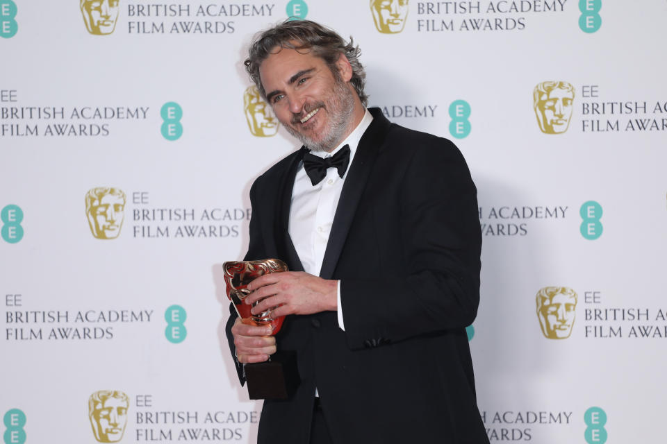 LONDON, ENGLAND - FEBRUARY 02: Joaquin Phoenix poses in the Winners Room during the EE British Academy Film Awards 2020 at Royal Albert Hall on February 02, 2020 in London, England. (Photo by Lia Toby/Getty Images)