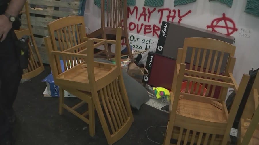 Protesters who occupied Millar Library on the PSU campus over the Israeli-Hamas war caused damage and destruction, April 30, 2024 (KOIN)