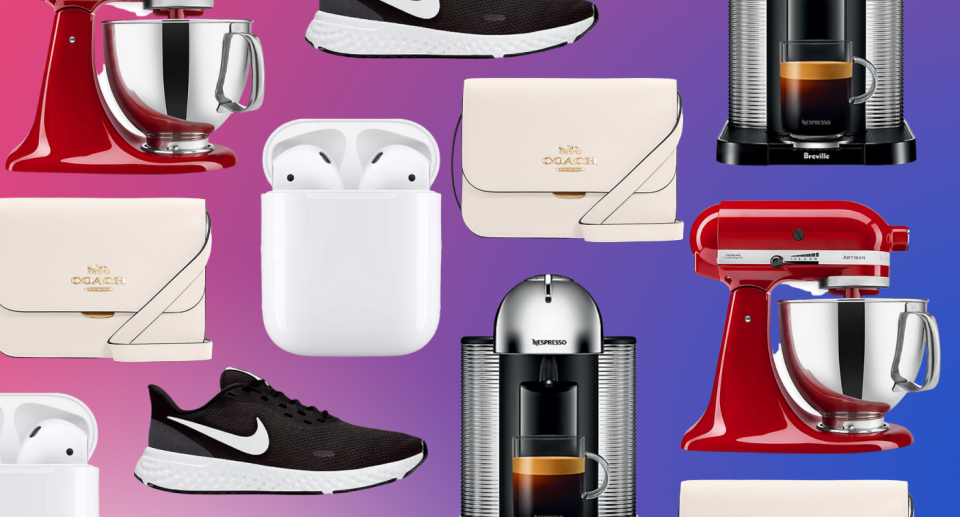 kitchenaid mixer, apple airpods, nespresso, coach outlet white bag, nike runners