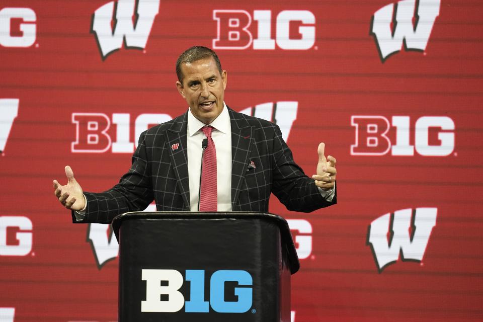 Wisconsin head coach Luke Fickell speaks during an NCAA college football news conference at the Big Ten Conference media days at Lucas Oil Stadium, Thursday, July 27, 2023, in Indianapolis. (AP Photo/Darron Cummings)