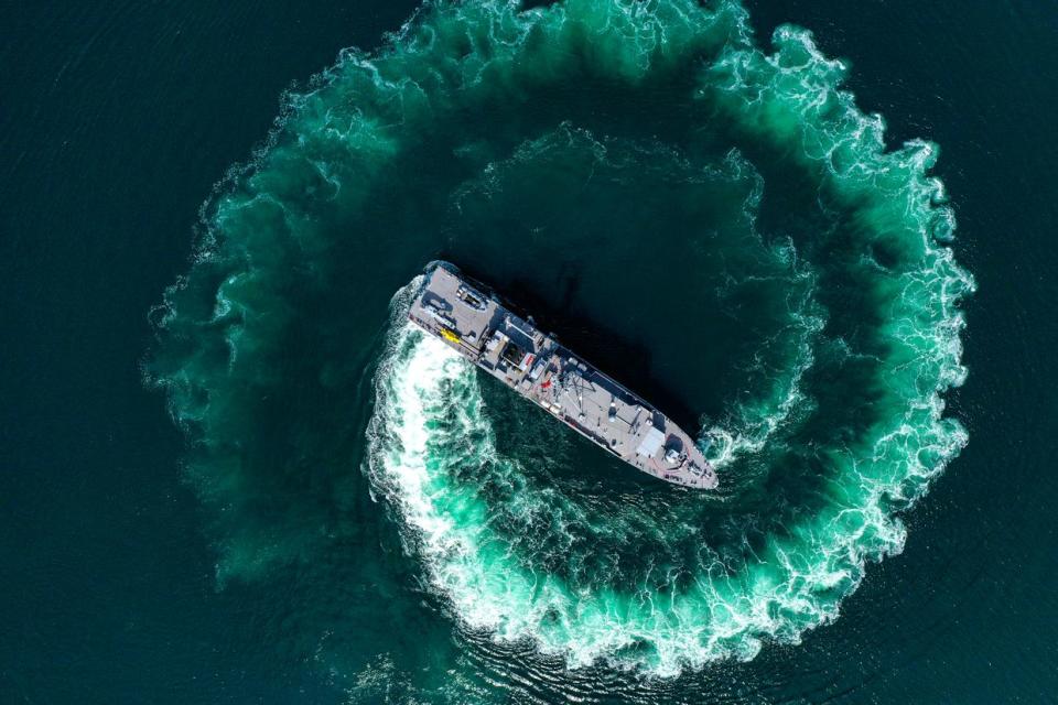 Photo for illustrative purposes. An aerial view of the Turkish Navyâs minesweeper ship belonging to Turkish Navy Mine Squadron Command on June 26, 2022 in Erdek district of Balikesir, Turkey (Ali Atmaca/Anadolu Agency via Getty Images)