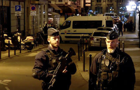 Police guard the scene of a knife attack in Paris, France May 12, 2018 in this still image obtained from a video. REUTERS/Reuters TV