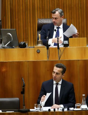 Austrian far right Freedom Party (FPOe) presidential candidate Norbert Hofer (top) and Chancellor Christian Kern attend a session of the parliament in Vienna, Austria, May 19, 2016. REUTERS/Leonhard Foeger
