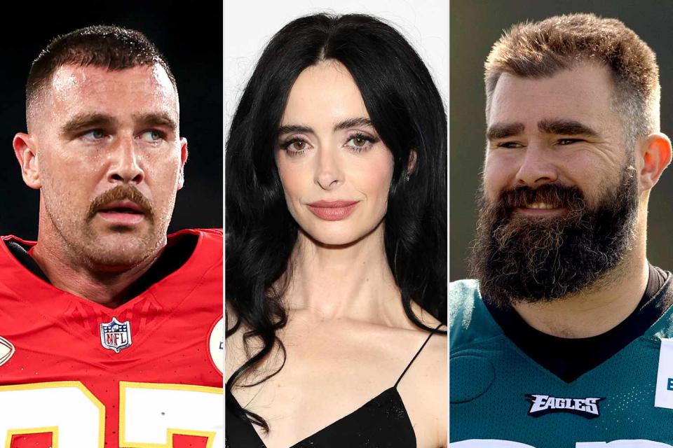 <p>Kevin Sabitus/Getty; Monica Schipper/Getty; Mitchell Leff/Getty</p> (L-R) Travis Kelce, Krysten Ritter and Jason Kelce