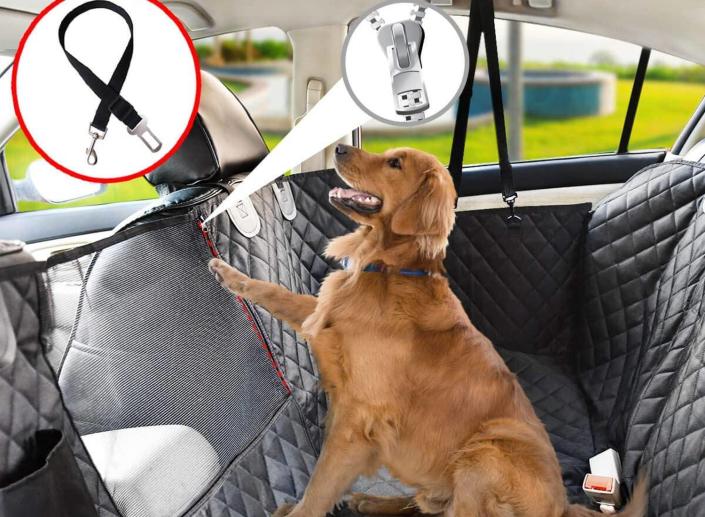 Keep those bigger dogs secure, while keeping their fur off your seats with this useful backseat car cover. (Source: Amazon)