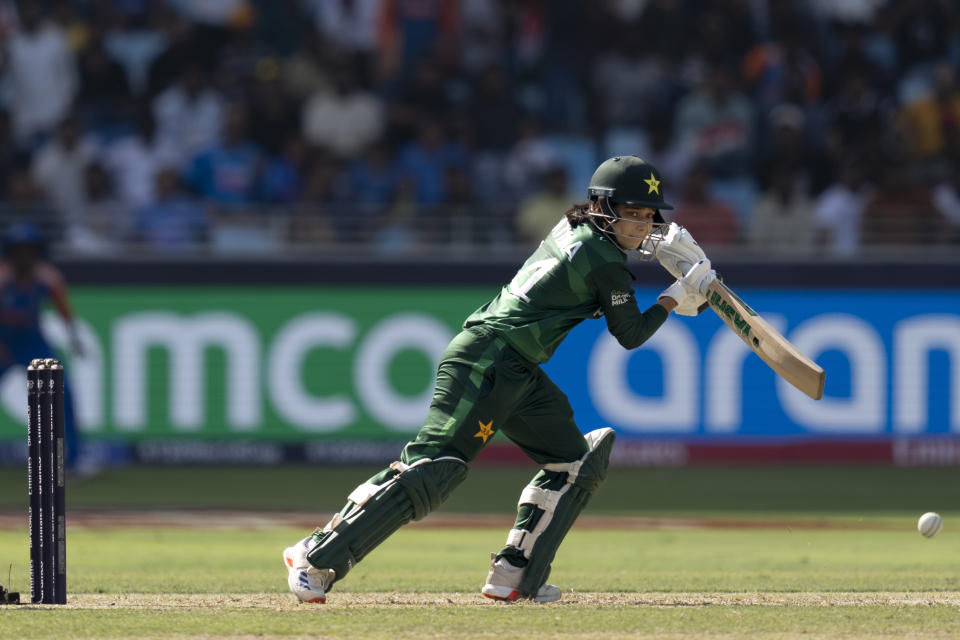 Pakistan's Fatema Sana bats during the ICC Women's T20 World Cup 2024 match between Pakistan and India at Dubai International Stadium, United Arab Emirates, Sunday, Oct. 6, 2024. (AP Photo/Altaf Qadri)