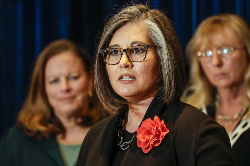 LOS ANGELES, CA - JANUARY 15, 2020 - Councilwoman Monica Rodriguez, addresses a press conference at LAPD Headquarters on January 15, 2020, flanked by Anne Tremblay, left, Director of Mayor's Gang Reduction and Youth Development, Eileen M. Decker, President Los Angeles Police Commission, to discuss 2019 crime statistics of Los Angeles. (Irfan Khan / Los Angeles Times)