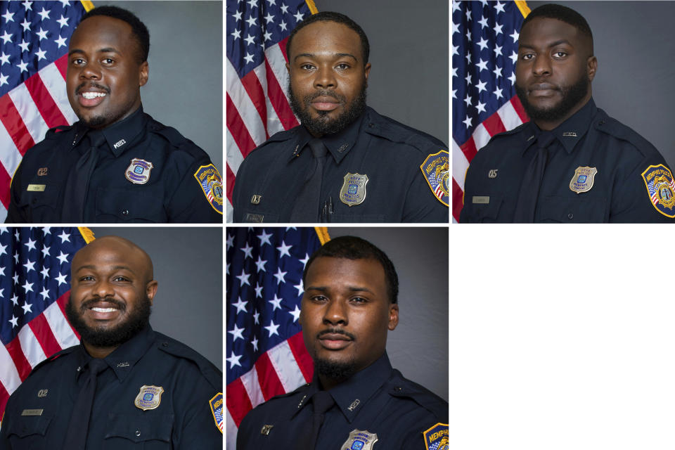 This combo of images provided by the Memphis Police Department shows from top left, officers Tadarrius Bean, Demetrius Haley, Emmitt Martin III, and bottom from left, officers Desmond Mills, Jr. and Justin Smith. Memphis was on edge Monday, jan. 23, 2023 ahead of the possible release of video footage of a Black man's violent arrest that has led to three separate law enforcement investigations and the firings of these five police officers after he died in a hospital. (Memphis Police Department via AP)