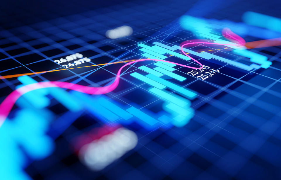 Close up and focused stock market business investment candlestick chart - Economy and trading concept. 3D illustration.