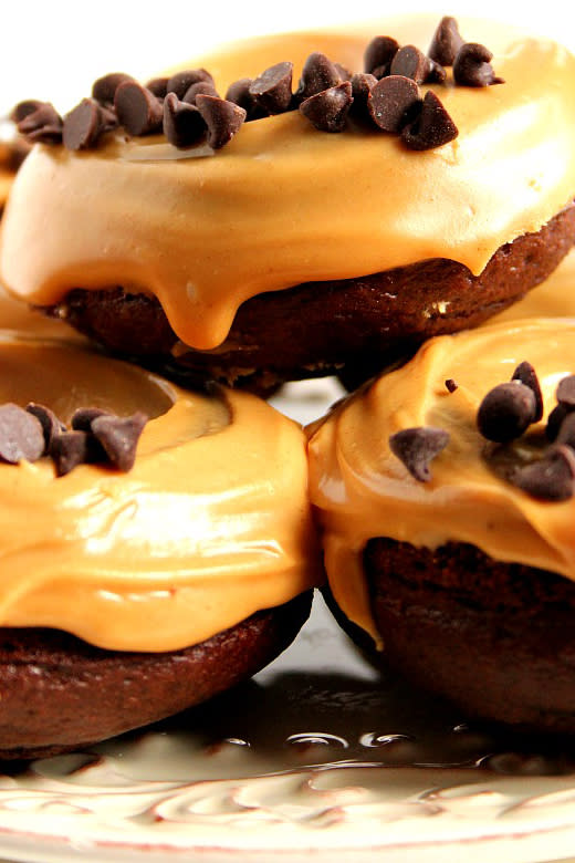 Peanut Butter Glazed Chocolate Doughnuts