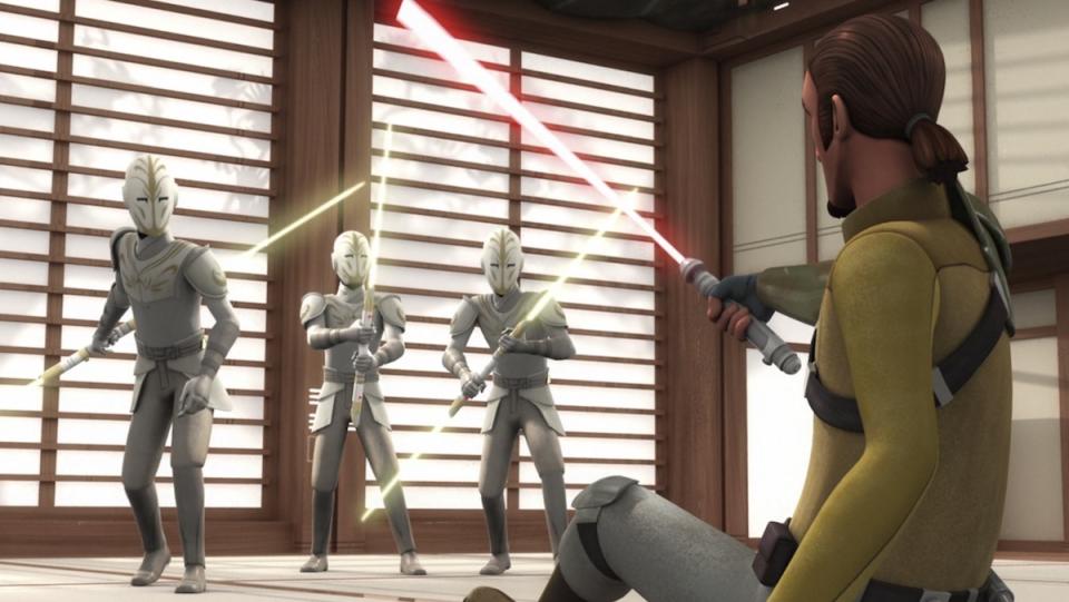 Three Jedi temple guards in all white with double-bladed yellow lightsabers loom over Kanan Jarrus with his lightsaber sitting on the floor