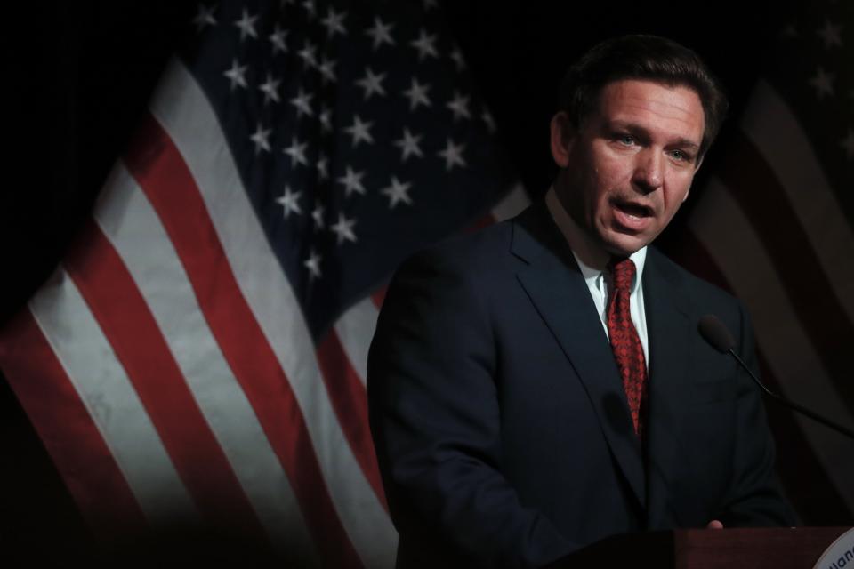 Florida Gov. Ron DeSantis speaks at the Midland County Republican Party Dave Camp Spring Breakfast on April 6, 2023, in Midland.