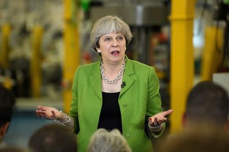 Britain's Prime Minister Theresa May speaks during a Q&A at Cross Manufacturing Company in Odd Down in Bath, Britain, May 31, 2017. REUTERS/Leon Neal/Pool