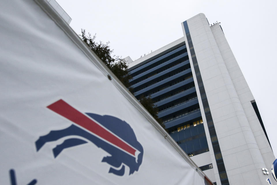 A Buffalo Bills logo is displayed near Buffalo General Medical Center, Monday, Jan. 9, 2023, in Buffalo, N.Y. Bills safety Damar Hamlin was discharged from the University of Cincinnati Medical Center, Monday, and flown to Buffalo, where he will continue his recovery at Buffalo General Medical Center/Gates Vascular Institute after going into cardiac arrest and having to be resuscitated on the field during a game in Cincinnati.(AP Photo/Joshua Bessex)