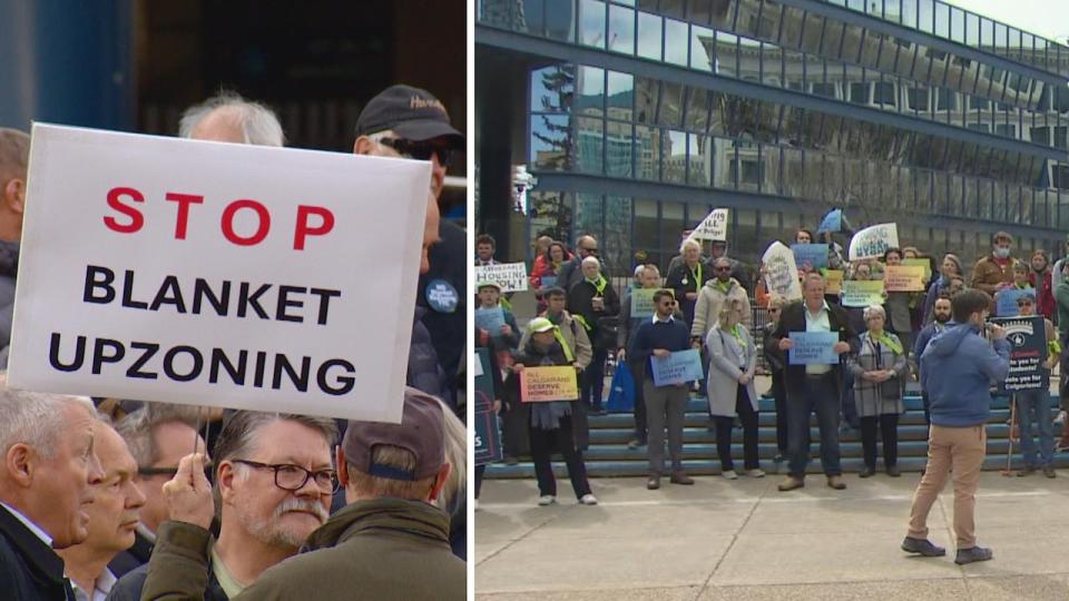 Rallies both in support of and against the city's blanket rezoning proposal gathered outside City Hall on Monday. 