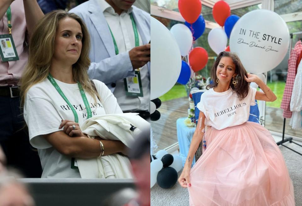Andy Murray's wife Kim shows her support for Dame Deborah James by wearing her 'Rebellious Hope' charity T-shirt. (Getty Images/In The Style)