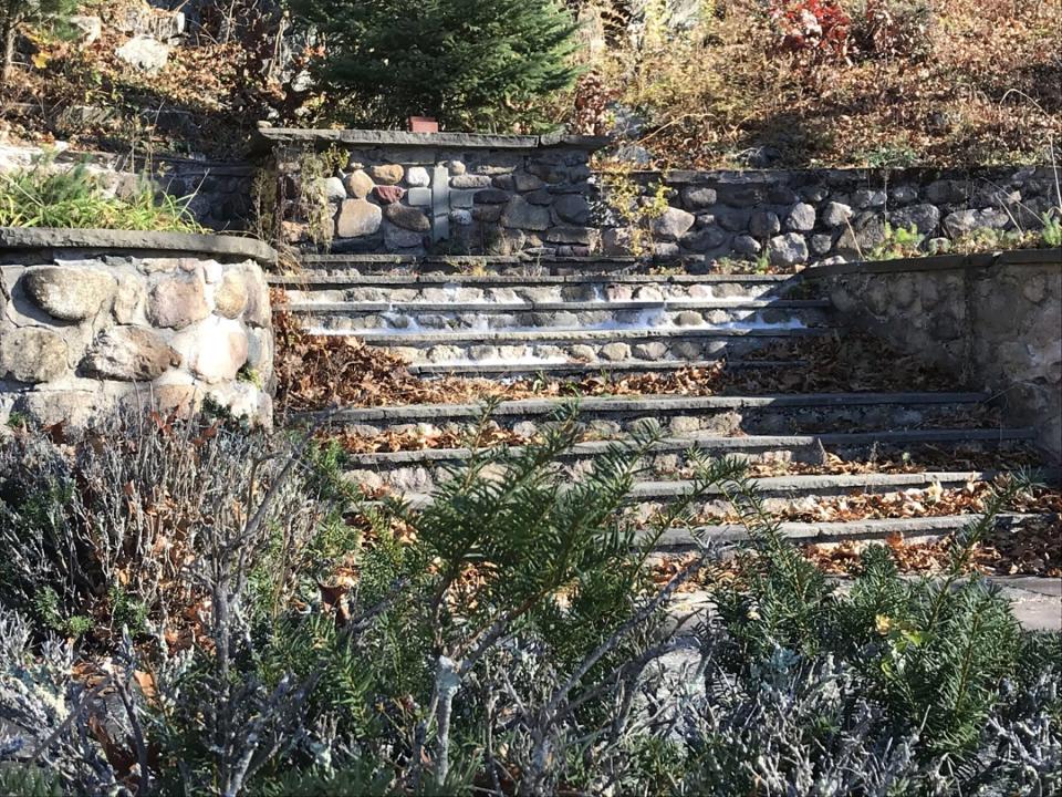 An altar above five stone-walled terraces is located just off the yellow-blazed Mercy Loop Trail.