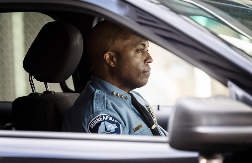 Minneapolis Police chief Medaria Arradondo drives a vehicle as he leaves the Hennepin County Government Center on April 5, 2021. (Stephen Maturen / Getty Images file)