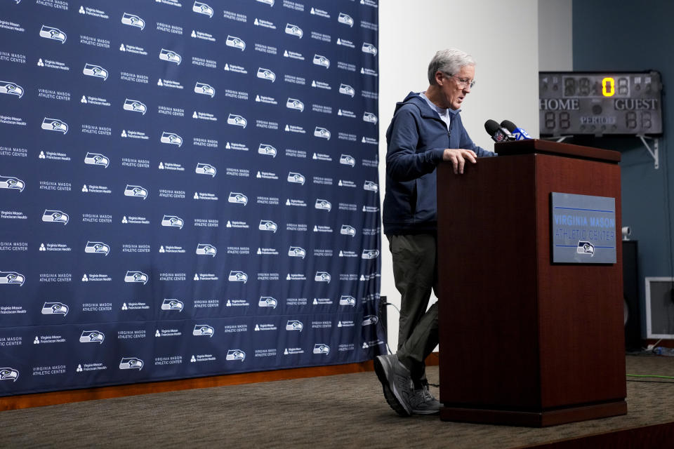 Former Seattle Seahawks head coach Pete Carroll speaks during a media availability after it was announced he will not return as head coach next season, Wednesday, Jan. 10, 2024, at the NFL football team's headquarters in Renton, Wash. Carroll will remain with the organization as an advisor, according to a statement from owner Jody Allen. (AP Photo/Lindsey Wasson)